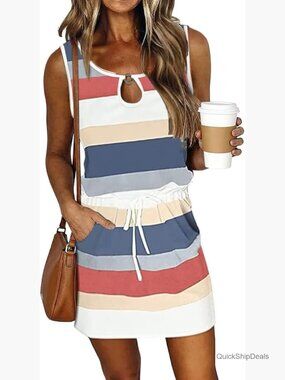 Sleeveless Crew Neck Drawstring Waist Mini Dress with Pockets